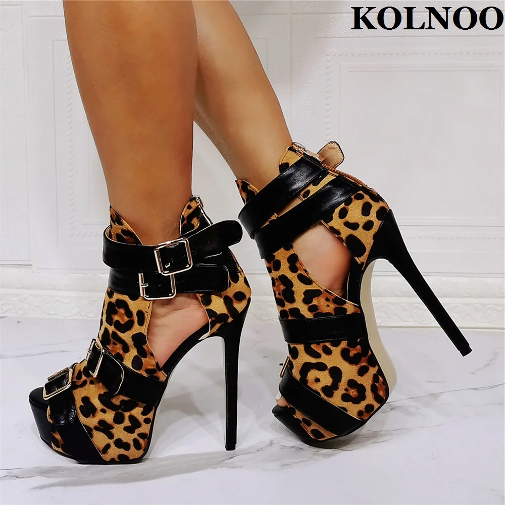 

Kolnoo Big Size 35-47 Womens High Heel Sandals Buckle Straps Leopard Leather Peep-toe Sexy Platform Evening Fashion Party Shoes