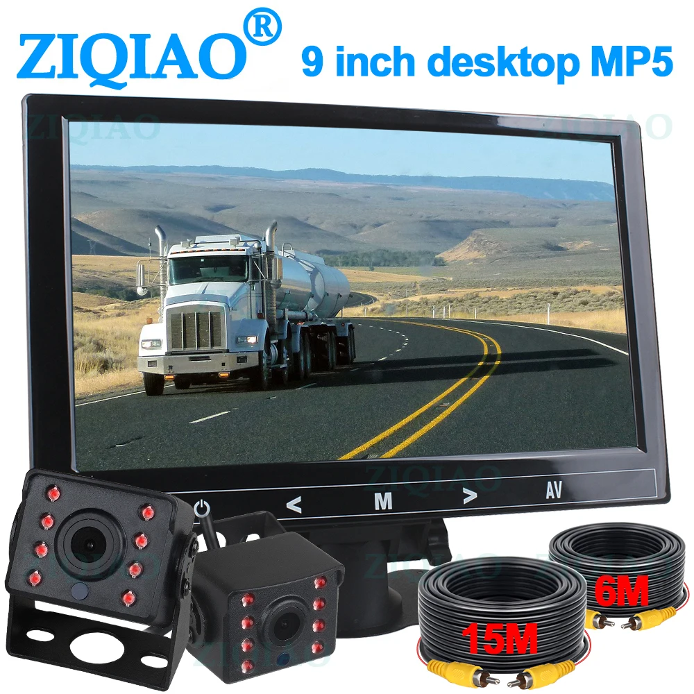 

ZIQIAO 9 Inch HD Monitor MP5 Player with IR Night Vision Camera for Truck Trailer Bus RV Car Backup Camera Monitor Kit P12