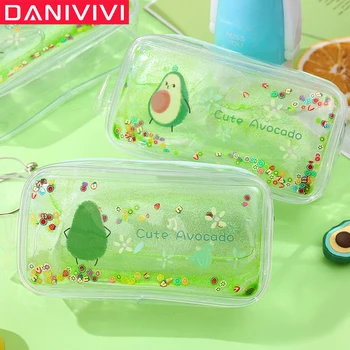 

Cute Avocado PVC Cosmetic Bag Transparent Quicksand Pencil Case Cartoon Peach Large Capacity Make Up Case Portable Makeup Bag