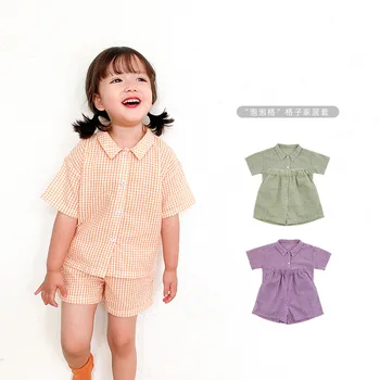 

Children's Suit Sets Clothing Western Style Shirt Shorts Suit Thin Girl Short-Sleeved Clothes Shirt Baby Plaid Two-Piece Set