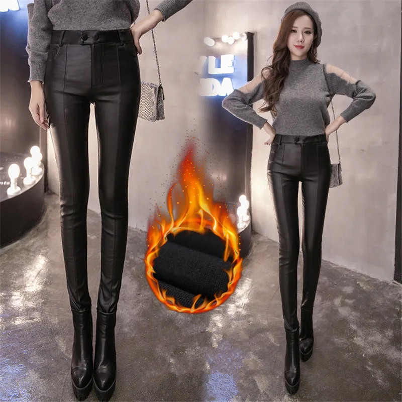 

Women PU Leather Pencil Pants Fashion Winter Solid Fleece Trousers Casual Warm Thicken Pants 2019 High Waist Streetpants P9145