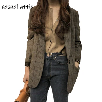 

Fashion Office Lady Blazer Single Button Women Blazer Coat Retro Button Lattice Jacket Blazer Female Casual Coats