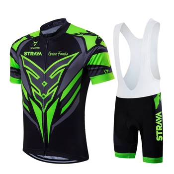 

Fluorescent Green STRAVA Cycling Jersey sets red Bicycle Short Sleeve Cycling Clothing Bike maillot Cycling Jersey 9D Bib shorts
