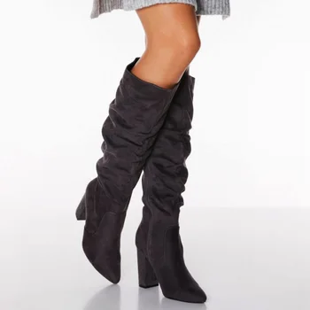

2019 New Women's High Heels boots Suede Shoes woman Pointed Toe Solid Color Side zipper Women's Winter boots Size 36-41