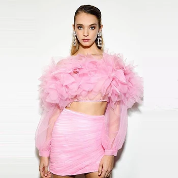 

2020 Two Piece Pink Prom Dresses Short Tulle Ruffles Off The Shoulder Long Sleeves Boat Neck Evening Party Skirts