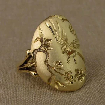 

New Vintage Golden Bird Flower Branch Engraving Ring For Men Women Creative Dance Party Anniversary Jewelry Anillos Gift M4M860
