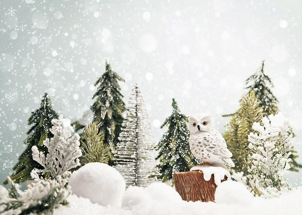 Winter Forest Landscape Christmas Backdrop Owl and Snow Vinyl Photography Photo Background Studio Props Birthday Party Banner