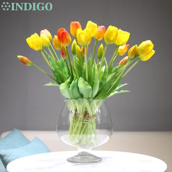 

INDIGO-(3 flowers+2 bud)Bouquet Real Touch Silicone Tulip High Quality Yellow Tulip Home Artificial Flower Wedding DropShipping