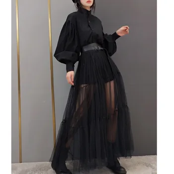 

iMucci 2020 Spring New Stand Collar Solid Shirts Long Sleeve Mesh Patchwork A-line Dress Sashes Design Office Lady Style TM1669