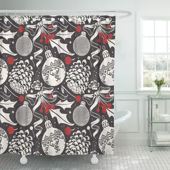 

Decorative Shower Curtain Pattern Christmas Glass Ball Mistletoe Berry Pine Cone Vintage Waterproof Bathroom Shower Curtain Set