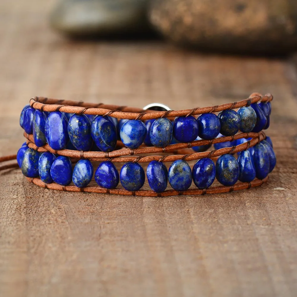 Stone Beads Men Women Leather Wrap Bracelets W/ Lapis Lazuli Beaded 2X Wristband Bracelet Couples Jewelry Wholesale Dropship