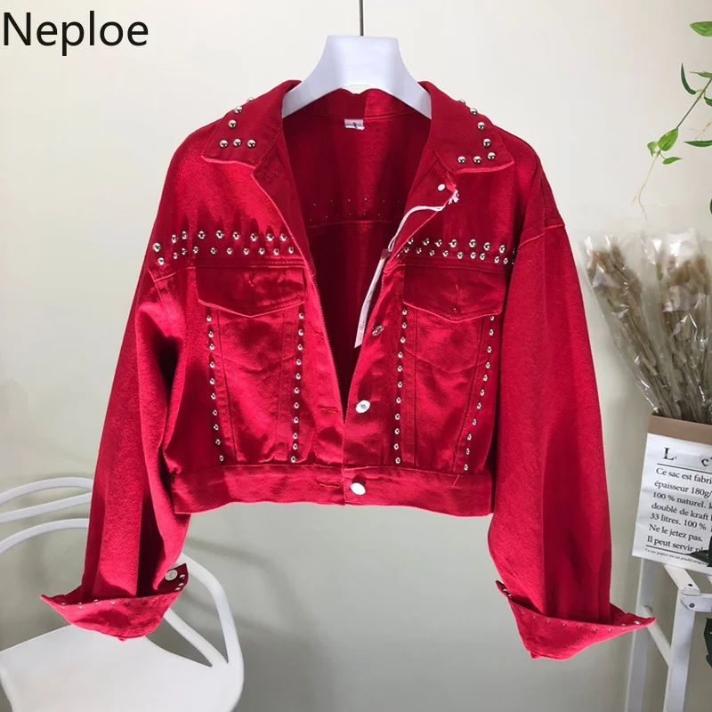 Neploe/ Новая Осенняя короткая джинсовая куртка с бусинами для тяжелой работы приталенная однотонная куртка с длинными рукавами и отложным воротником Chaqueta Mujer 46872