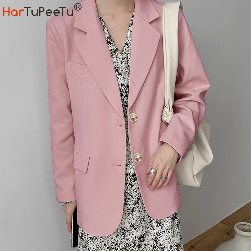 Korean Style Loose Blazer Coat Women Pink Summer Autumn 2023 BF Oversize 4 Colours Beige Suit Jacket Office Lady Work Long Tops 10 colours sweater round neck thickened slim sweater knit top autumn and winter