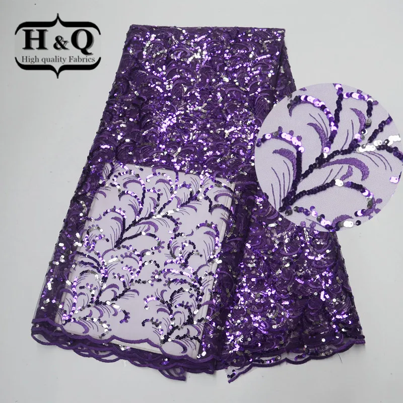 

H&Q Purple African Sequins Lace Fabric Embroidered French Tulle Lace Fabric 5 Yards Glitter Bling Lace Fabric For Bridal Dress