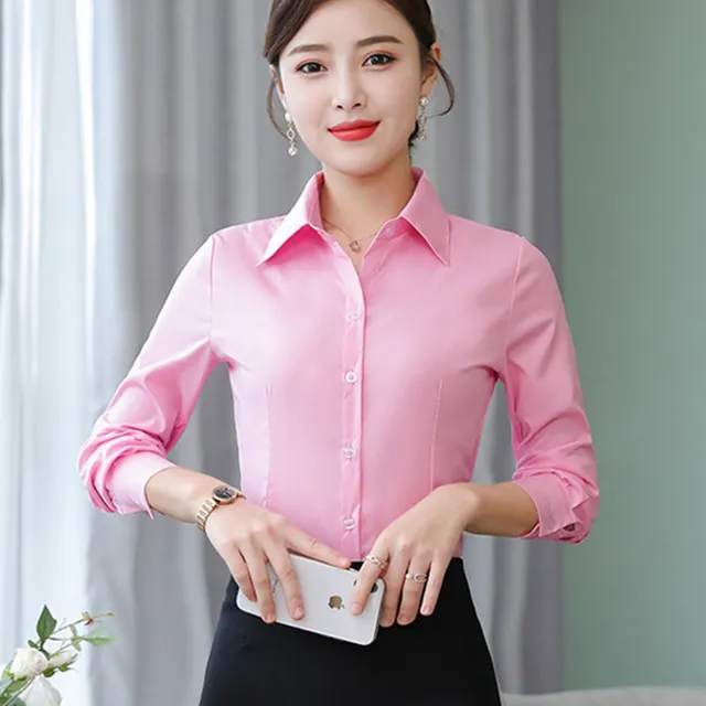Korean Women Cotton Shirts White Shirt Women Long Sleeve Shirts Tops Office Lady Basic Shirt Blouses Plus Size Woman Blouse 5XL Pink