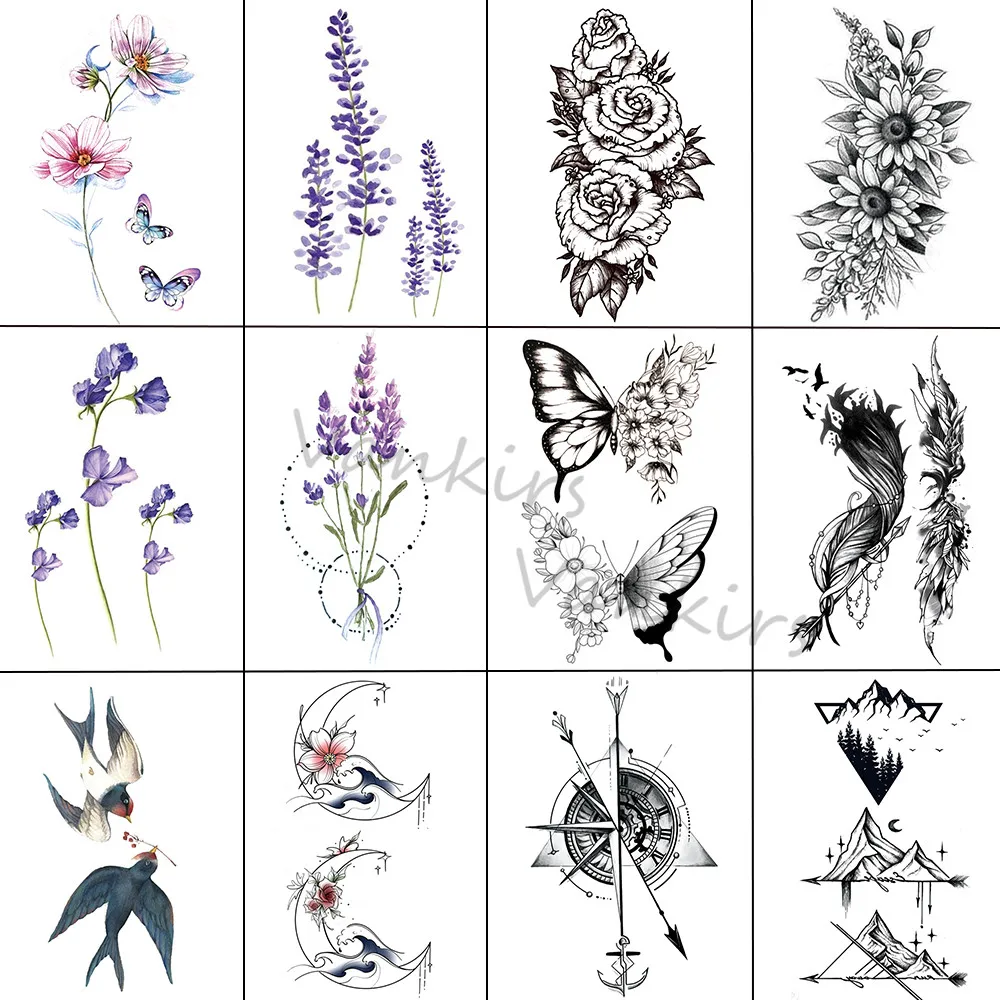 

Watercolor Peach Blossom Temporary Tattoos For Adults Kids Realistic Lavender Compass Feather Fake Tattoo Sticker Arm Leg Tatoos
