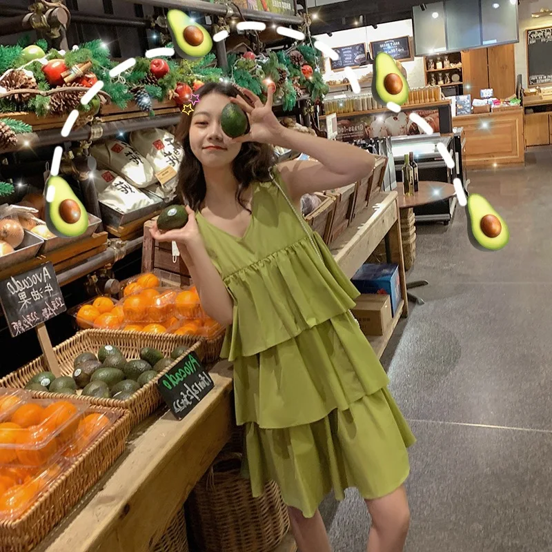

Photo Shoot CHIC Western Style by Age Mid-length Avocado Green V-neck Loose-Fit Sleeveless Vest Cake Dress Summer