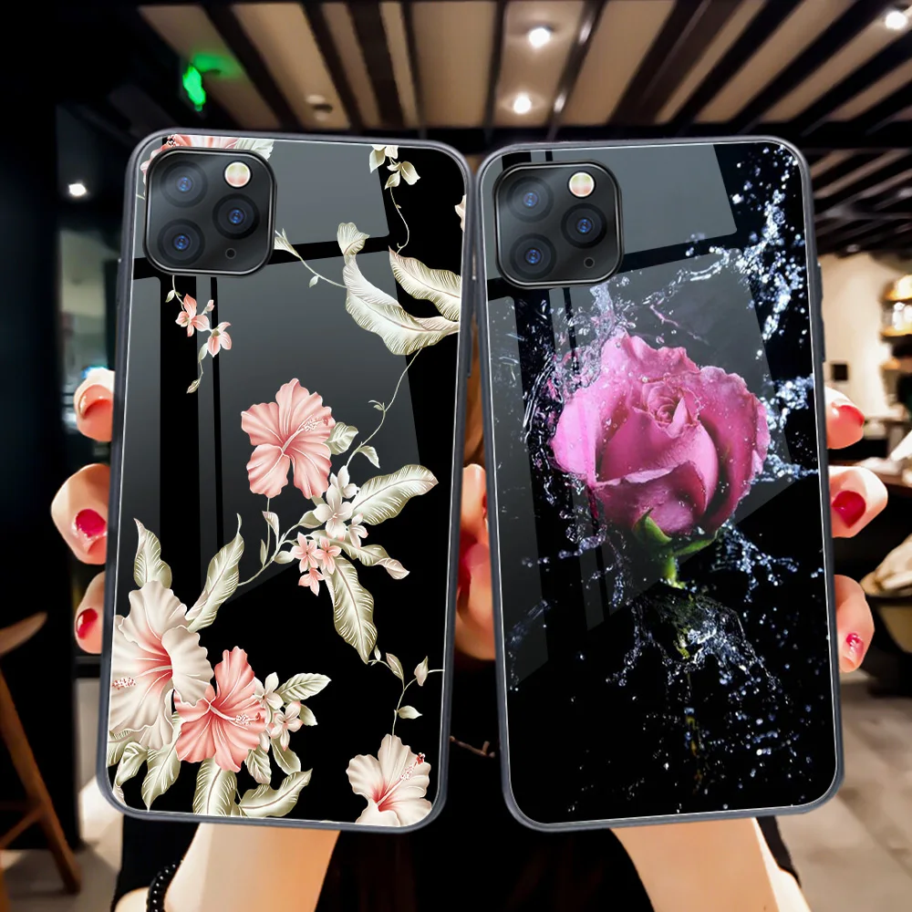 

ciciber Luxury Flower Rose Phone Case For iphone 11 Pro Max Tempered Glass Cover for iphone XR X XS Max 7 8 6 6S Plus Funda Capa