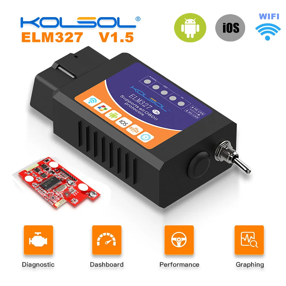 Автомобильный сканер KOLSOL ELM327 V1.5 WIFI OBD2 с переключателем работает на Android и