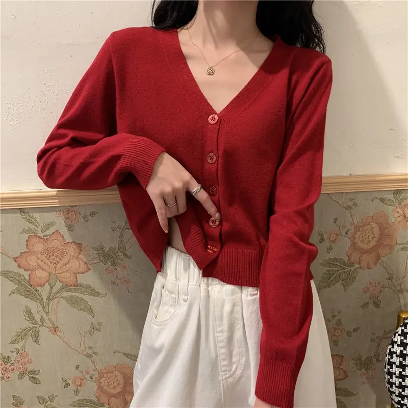 

2020 New Spring and Autumn Knitted Cardigan Female Korean Short V-neck Long-Sleeve Thin Sweater Coat