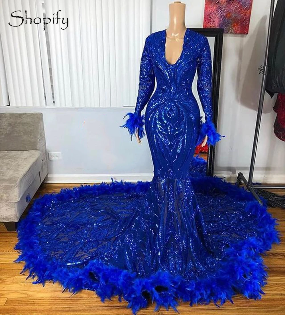 Sheer Long Sleeve Mermaid Style African Black Girls Royal Blue Sequined Long Prom Dresses 2022 With Feather vintage prom dresses