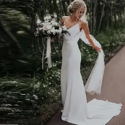Недорогие свадебные платья в стиле бохо, Русалка, 2019, на бретельках, с открытой спиной, с коротким шлейфом, Скромные Простые пляжные