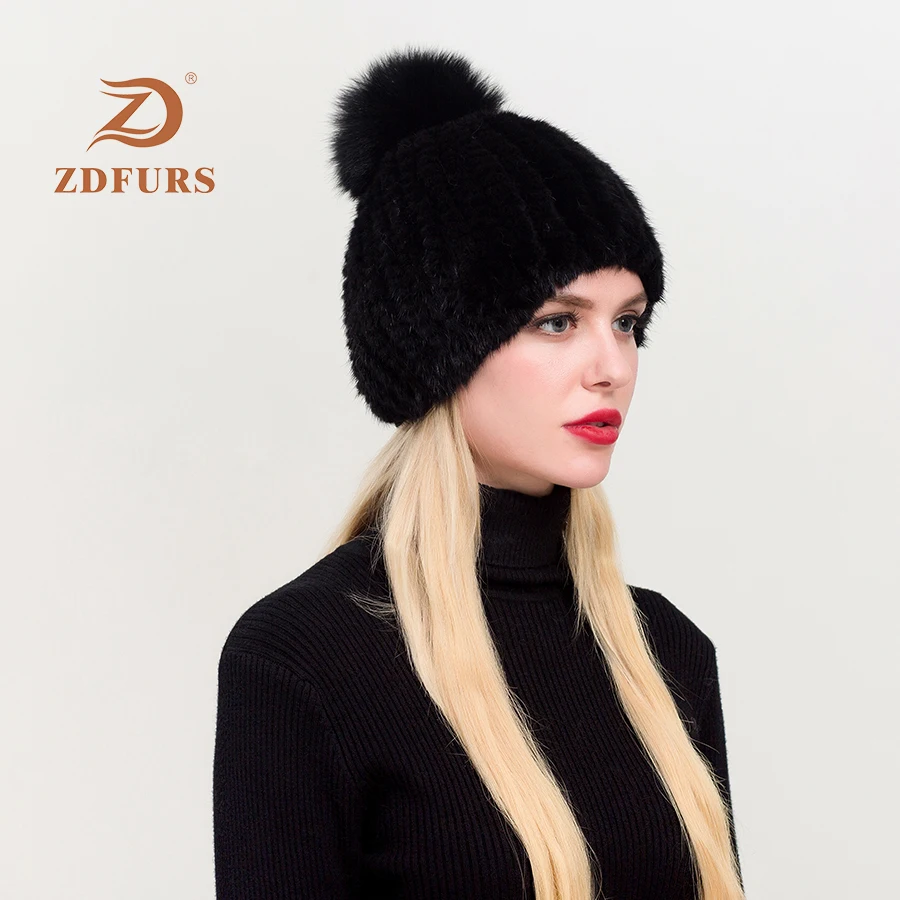 ZDFURS* Натуральная норковая меховая шапка для женщин новые брендовые утепленные женские меховые шапки женские зимние вязаные шапочки с мехом норки помпоны из лисьего меха шапка - Цвет: black