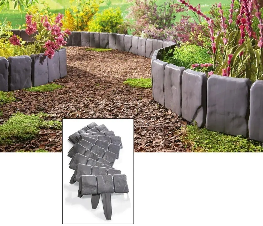 

10pcs Plastic Garden Fence Edging Easy Assemble Gray Stone Style Insert Ground Type Plastic Fences Flower Bed Border for Garden