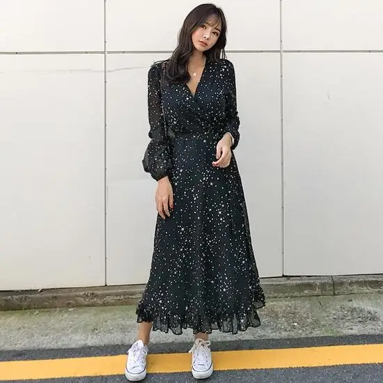 

Office Lady Star Print Spring Summer Dress Korean Women Elegant V-Neck Floral Printed Long Sleeve Long Chiffon Dresses Big Swing