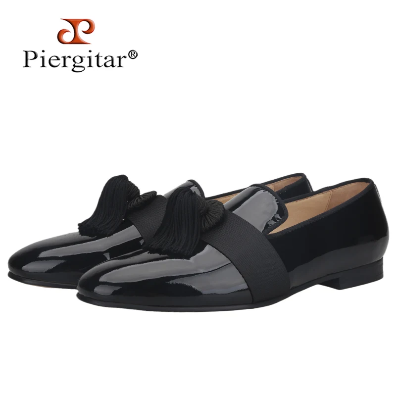 

Piergitar New Summer Style Black Patent Leather Men's Loafers With Fringed Embellishments For Party And Prom Leather Insoles