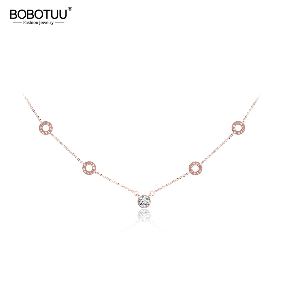 BOBOTUU Trendy Titanium Steel 5Pcs Circles Cubic Zirconia Choker Necklaces CZ Crystal Lovely Pendant Necklace For Women BN17013
