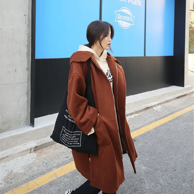 Южная Корея Dongdaemun осень и зима с капюшоном Дафлкот пальто женское выше колена с разрезом повседневное Свободное длинное пальто Тренч пальто La