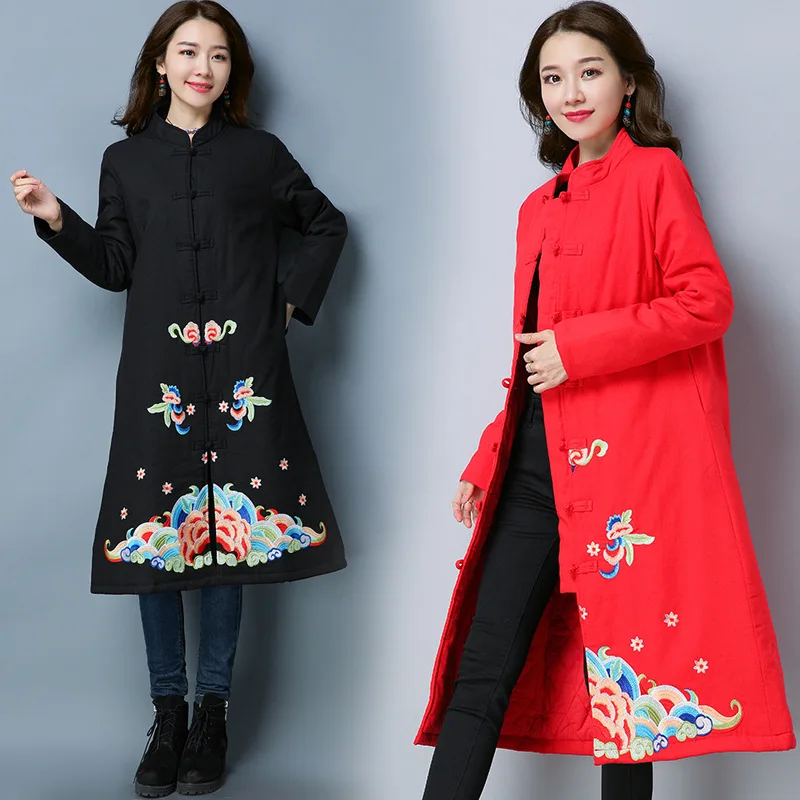 

2018 Autumn And Winter Ethnic-Style WOMEN'S Dress Cotton Linen Mid-length Cotton-padded Clothes Chinese-style Frog Coat Embroide