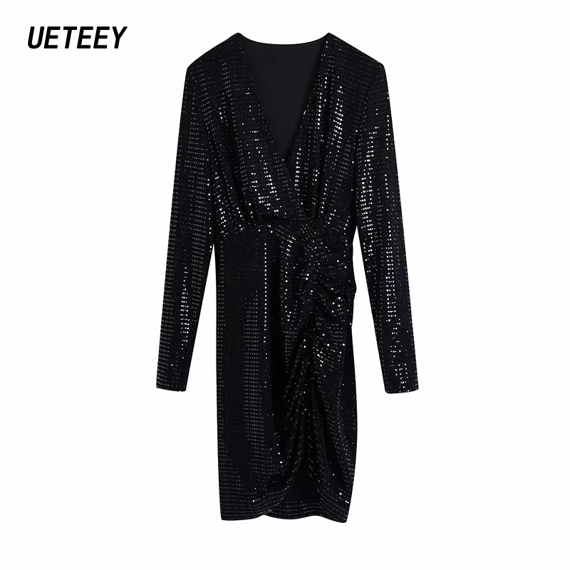 

Za Women's Dress Mini Dress Autumn 2020 Sequins V Neck Robes Sexy Skinny Long Sleeve Dress Evening Cloths High Waist Party Black