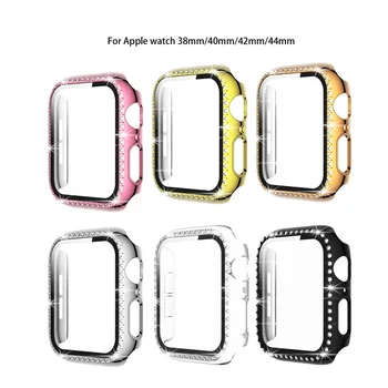 

100Pcs Diamond Glass+Cover For Apple Watch Case 44mm 40mm 42mm 38mm PC Bumper Screen Protector For iWatch Series SE 6 5 4 3 2 1