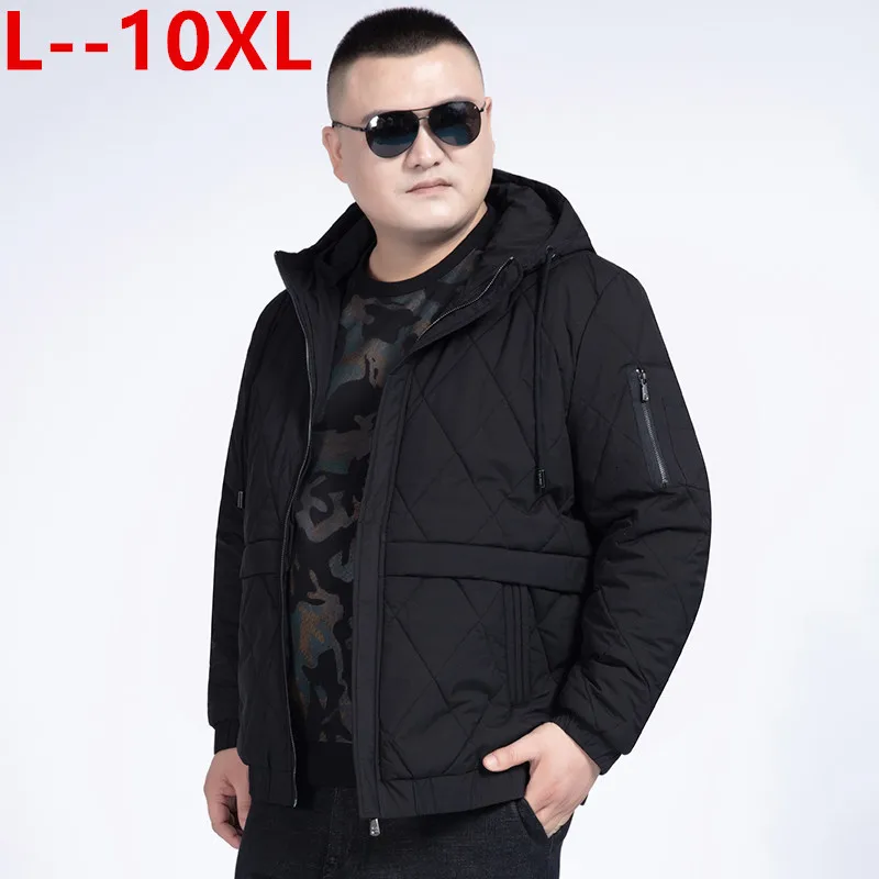 12XL 10XL 8X зимние мужские парки с капюшоном на молнии теплые хлопковые спортивные куртки-бомберы облегающие модные повседневные черные пальто - Цвет: Black