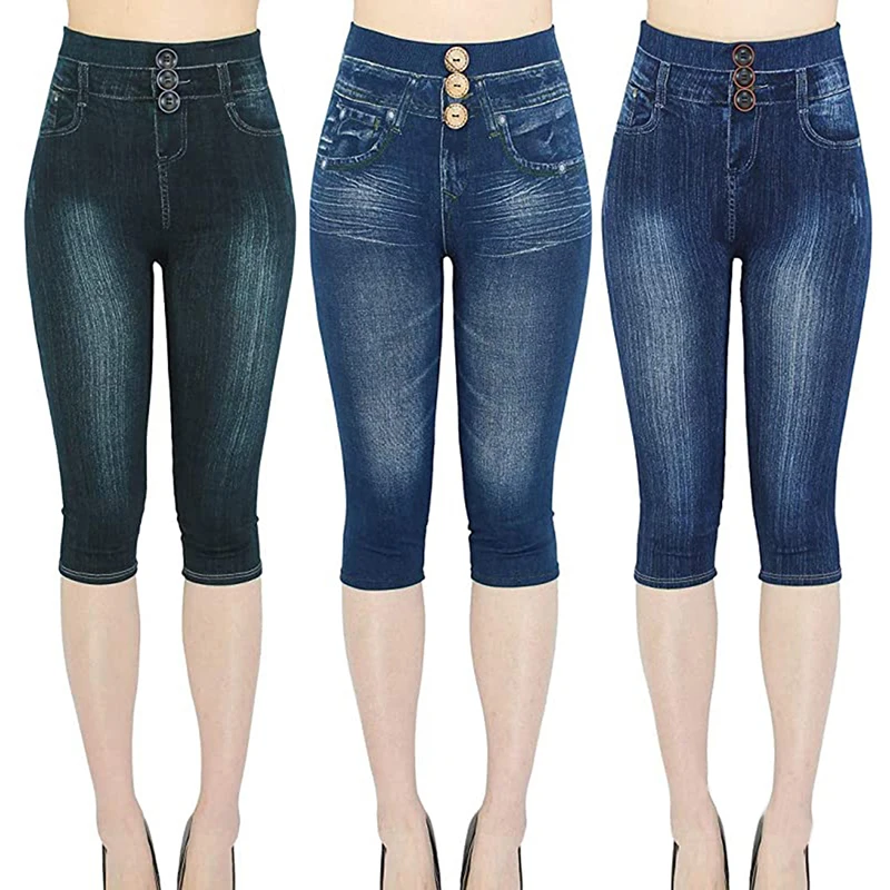 brown leggings Sexy Faux Jeans Leggings Women Stretch Printed Short Leggins Plus Size Calf-Length Pants Summer Breeches High Waist Jeggings maternity leggings