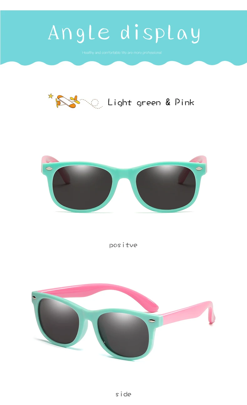 light green pink Детские солнцезащитные очки, Детские поляризованные солнцезащитные очки с квадратными линзами для девочек и мальчиков, силиконовые детские зеркальные очки, подарок для ребенка, защитные очки UV400 - Цвет линз: light green pink