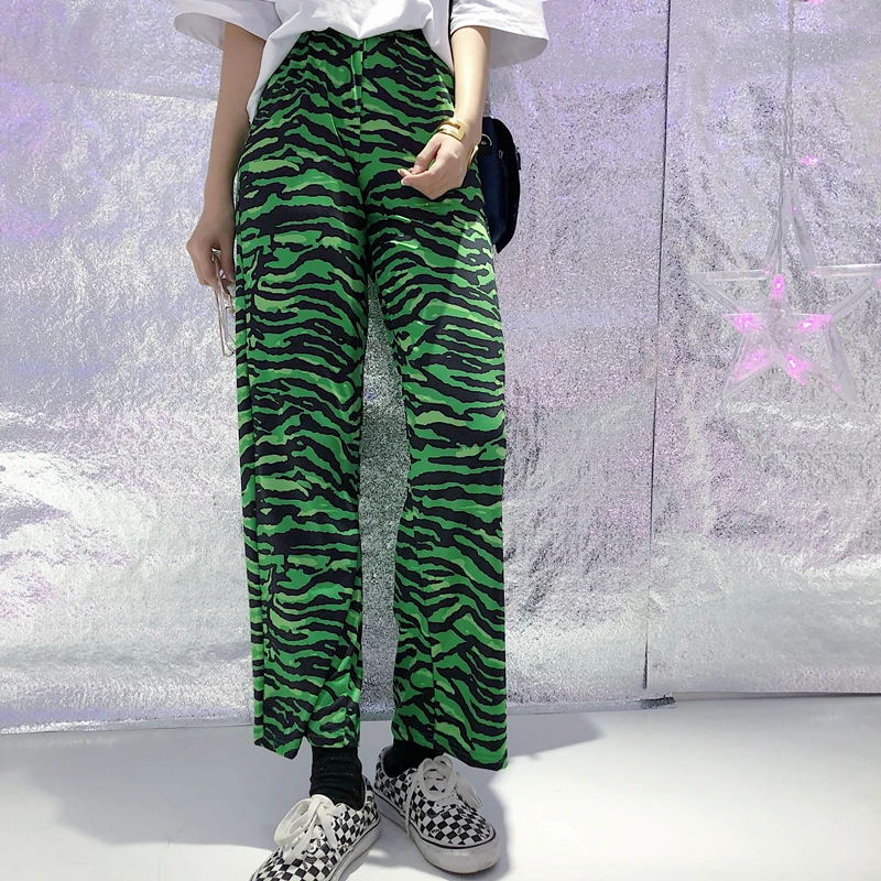 Женские свободные прямые брюки зеленого цвета в полоску зебры с высокой талией, уличная одежда, повседневные Хип-Хоп тренировочные брюки для бега в Корейском стиле