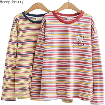 

Women's Rainbow Striped T Shirts Cartoon Embroidery Cotton T Shirt 2020 Spring Femme Long Sleeve O-Neck Casual Loose Basic Tops