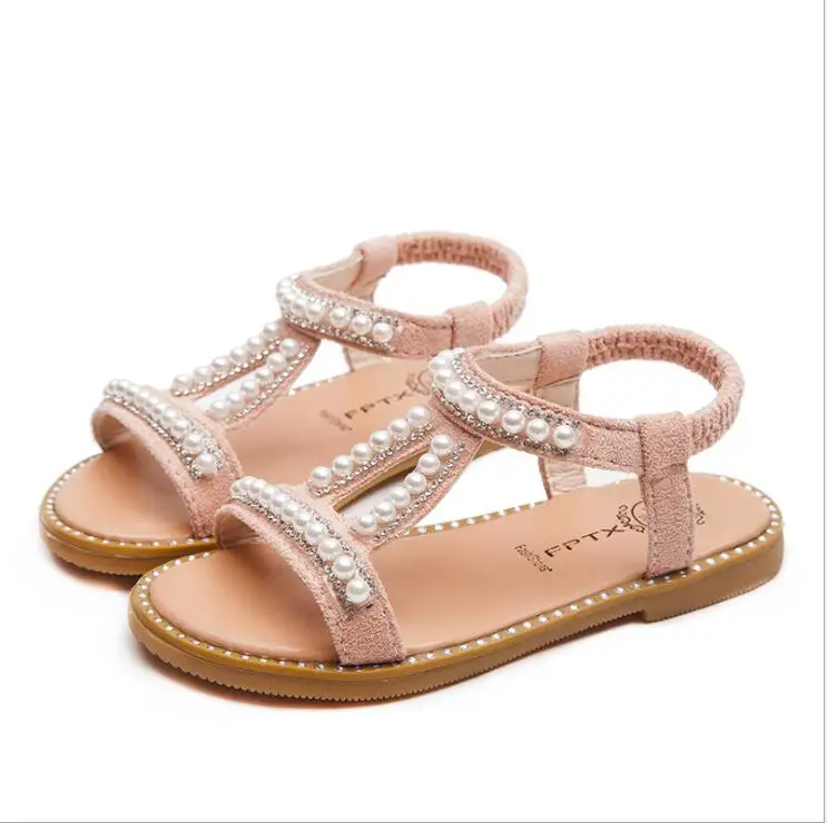 

New Summer Girl Roman Style Sandals Kids Beach Sandals Girls Pearl Beading Dress Shoes Children Rhinestone Summer Shoes