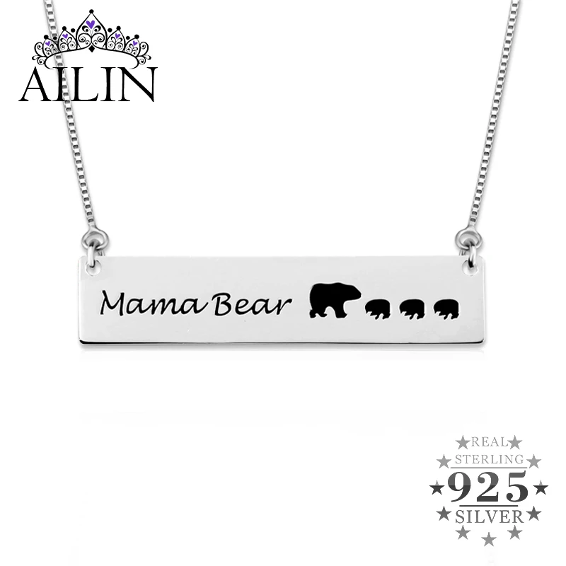 

AILIN 925 Sterling Silver Custom Necklace Women Mother Personalised Engraved Mama Bear Bar Necklace Family Jewelry Gifts For Mom