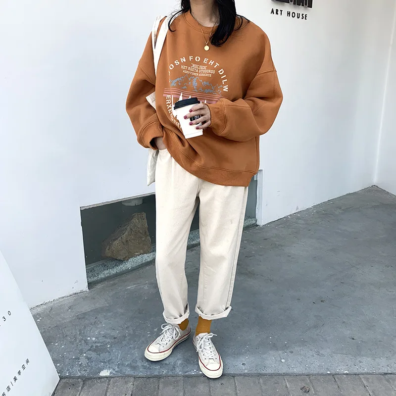 Orange Korean Hoodie Streetwear Womens Hoodies Pullover Print Casual O-Neck Loose New Sweatshirt Women Soft Warm