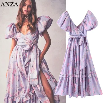 

Women Party Mididress with V-neck Floral Printed Short Sleeve Violet Elegant Dress French Sweet A-line Long Dress