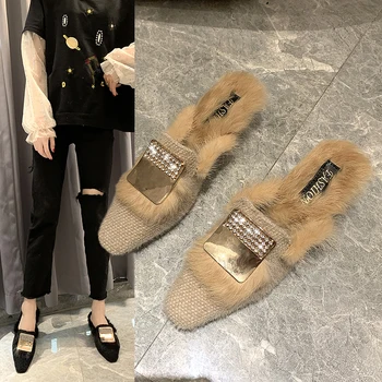 

Size 35-50 Nice Spring Winter New Women Slippers Flat Heels Leisure Warm Shoes Woman Faux Fur Female Metal & Crystal Fur Loafer