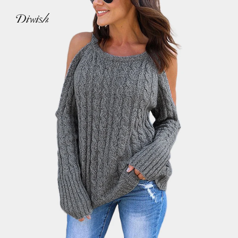 Diwish Women Sweater Knitted O-Neck Pullover Tops Off Shoulder Solid Long Sleeve Loose Casual Autumn Style 3 Colors 2019 | Женская