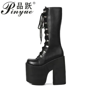 

16cm Heel Motorcycle Boots Black Knee High Boots Punk Cosplay Boots Fashion Goth Wedges Platform High Heels Boots Women Shoes