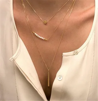 

2020 New Minimalist Gold Silver Chain Pearl Metal Strip Sequin Charm Layered Necklace Bohemian Long Chain Gold Plated Necklace