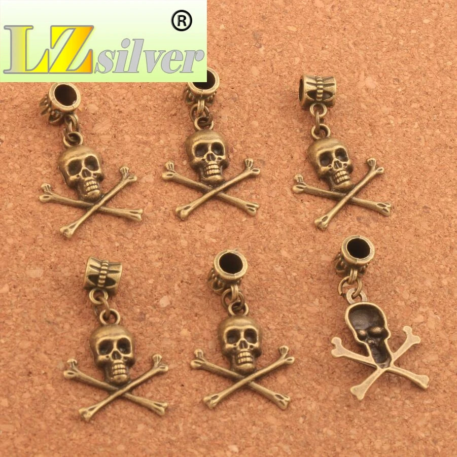 Pirate Skull Halloween Charm Beads 100PCS zinc alloy Bronze Dangle Fit European Bracelets Jewelry DIY B981 34.5x19.6mm