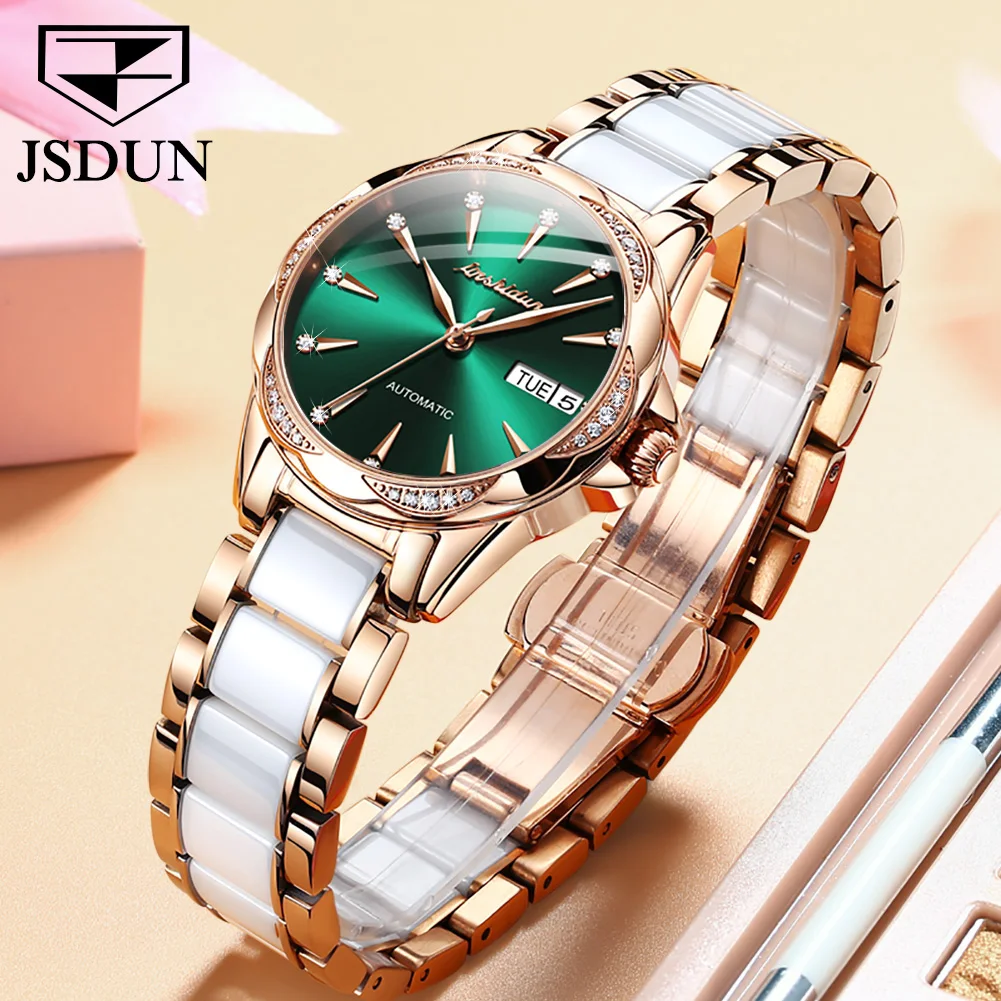 JSDUN Women Mechanical Watch Rose Gold Stainless Steel Ceramics Strap Dress Watches Fashion Luxury Brand Women's Automatic Watch